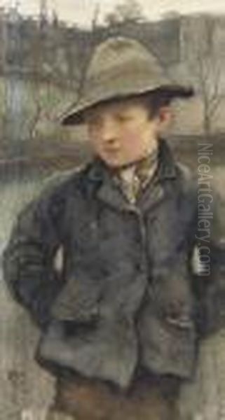 Boy Wearing A Hat Oil Painting by Sir Hubert von Herkomer