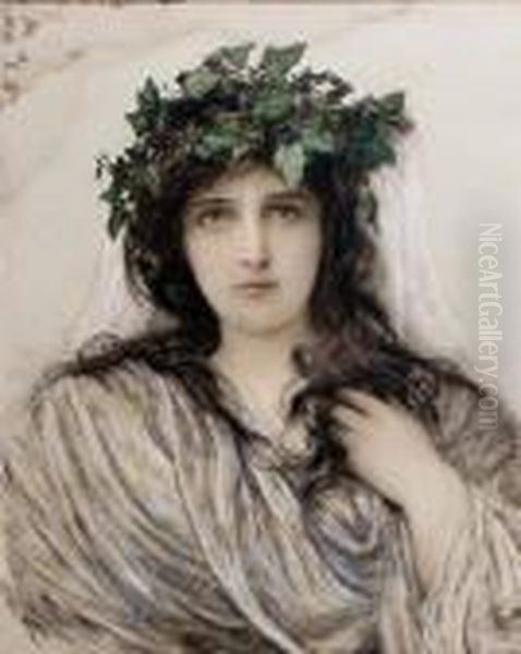 Head And Shoulder Portrait Of A 
Young Lady With Flowing Blacklocks And Wearing A Wreath Of Ivy On Her 
Head Oil Painting by Sir Hubert von Herkomer