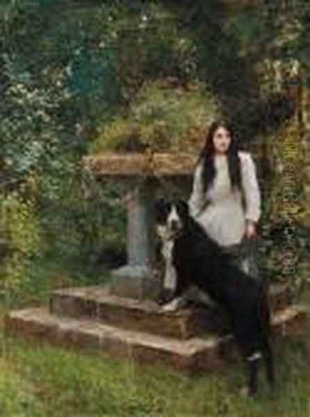 A Young Girl And Her Dog Oil Painting by Sir Hubert von Herkomer