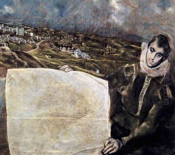 View and Plan of Toledo (detail 1) c. 1610 Oil Painting by El Greco (Domenikos Theotokopoulos)