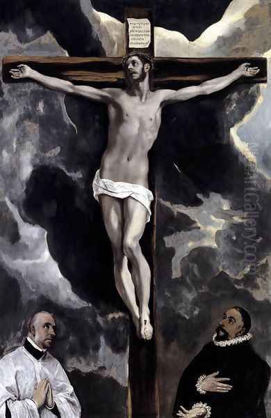 Christ on the Cross Adored by Two Donors c. 1580 Oil Painting by El Greco (Domenikos Theotokopoulos)