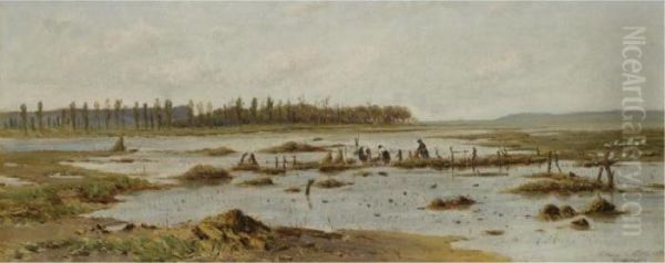 Einweichen Des Dachstrohs Am Plattensee (the Thatch Makers) Oil Painting by Theodor von Hormann