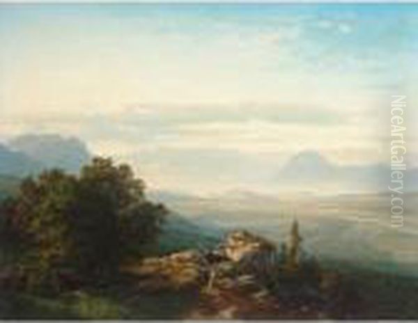 A Mother And Child In An Italianate Landscape Oil Painting by Leopold Karl Walter von Kalckreuth