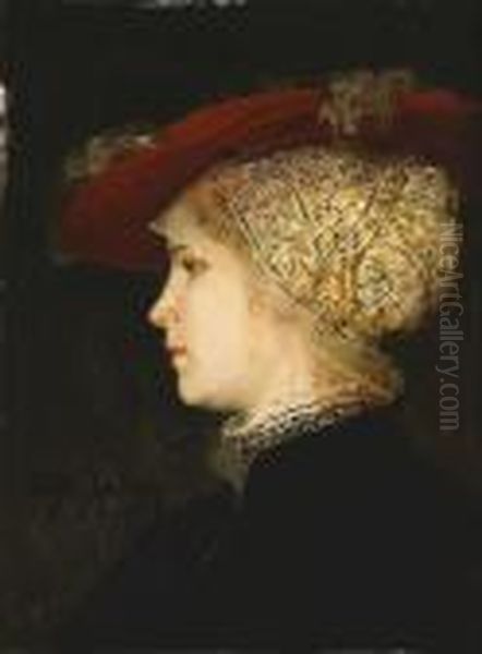 A Portrait Of A Young Woman In Profile With A Red Hat Oil Painting by Friedrich August von Kaulbach