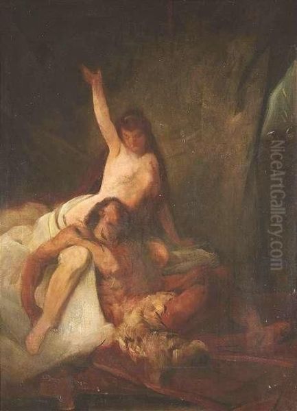 Samson And Dalila. Oil/canvas, Signed Oil Painting by Friedrich von Keller