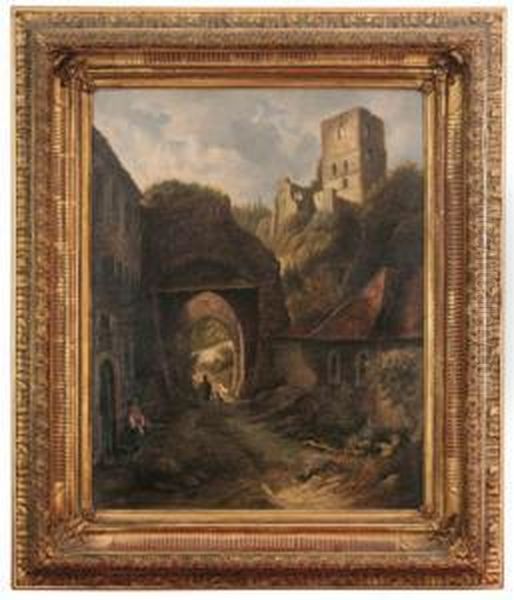 Settlement Below Ruins Of A Castle Oil Painting by Ernestine Von Kirchsberg