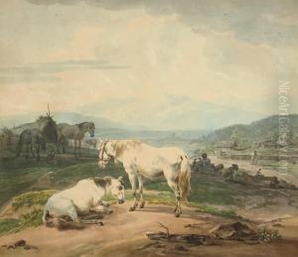 Horses Near A Lake, The Alps In The Distance Oil Painting by Wilhelm Alexander W. Von Kobell