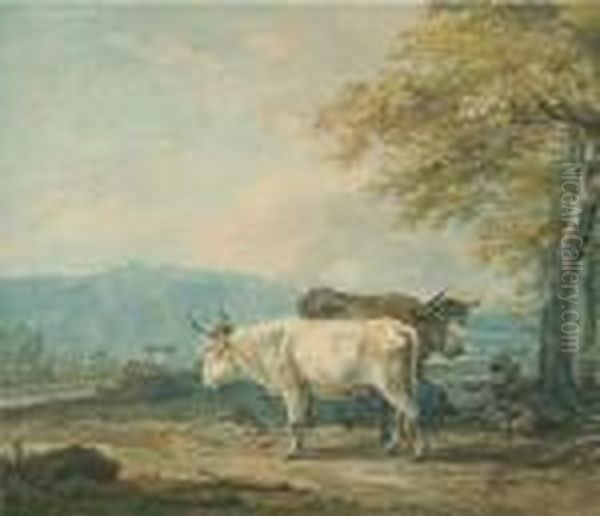 Zwei Rinder Mit Ruhendem Bauern. Oil Painting by Wilhelm Alexander W. Von Kobell