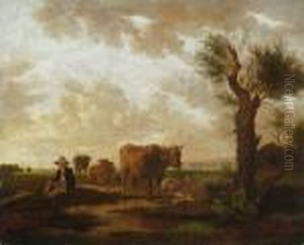 Hirte Mit Kuhen In
 Vorgebirgslandschaft. Oil Painting by Wilhelm Alexander W. Von Kobell