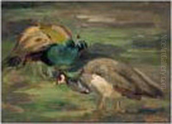 Two Peacocks Oil Painting by Leo Von Konig