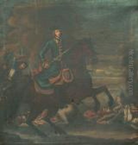 An Equestrian Portrait Of King Karl Xii Of Sweden On A Battlefield Oil Painting by David von Krafft