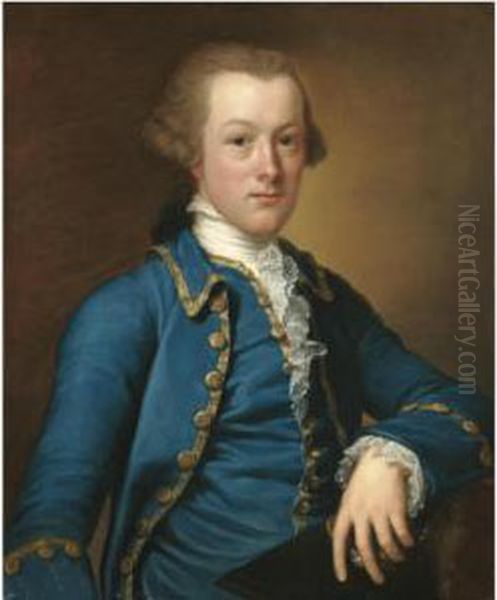 Portrait Of A Gentleman, Half Length, Wearing A Blue Coat Andwaistcoat, Holding A Hat Oil Painting by Anton von Maron