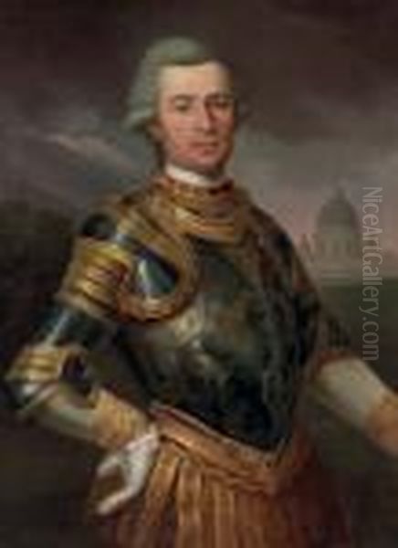 Portrait Of A Gentleman, Half-length, In Armor, A View Of St. Peter's Beyond Oil Painting by Anton von Maron