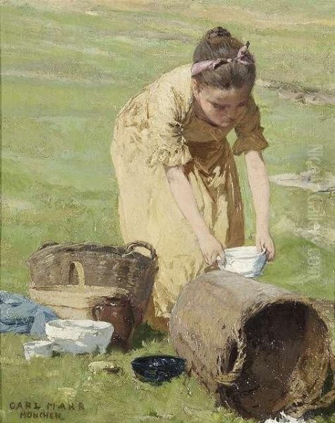 A Young Girlpreparing A Picnic Oil Painting by Carl von Marr