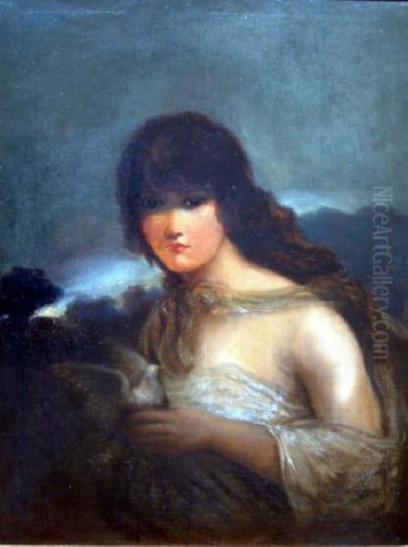 German / American Oil On Canvas Girl Holding A Dove 27.5 X 21in Oil Painting by Carl von Marr