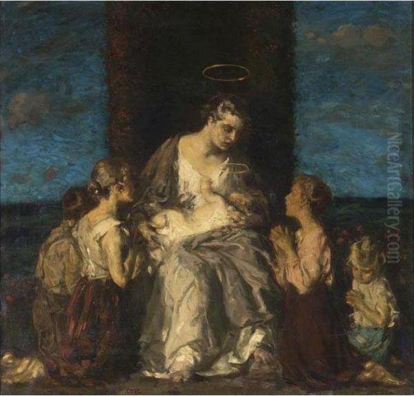 Madonna With Child Surrounded By Children Oil Painting by Carl von Marr