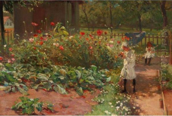 At Play In The Flower Garden Oil Painting by Carl von Marr