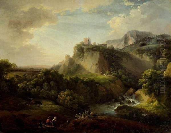 Italianisierende Flusslandschaft Mit Ruine, Hirten Und Weidetieren Oil Painting by Martin von Molitor