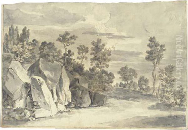 A Path At The Edge Of A Forest In An Italianate Landscape (recto),a Plant Study (verso) Oil Painting by Martin von Molitor