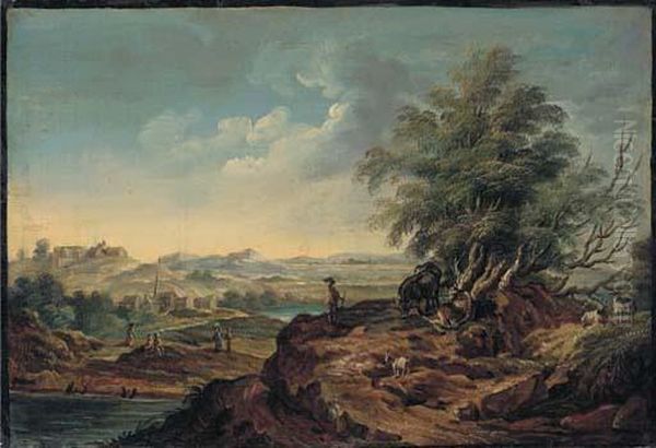 An Extensive Landscape With A 
Herdsman And Livestock In Theforeground, A Village Seen Beyond Oil Painting by Martin von Molitor