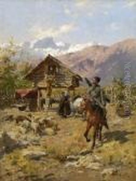 Kaukasische Reiter Und
 Bauern Oil Painting by Rudolf Otto Von Ottenfeld