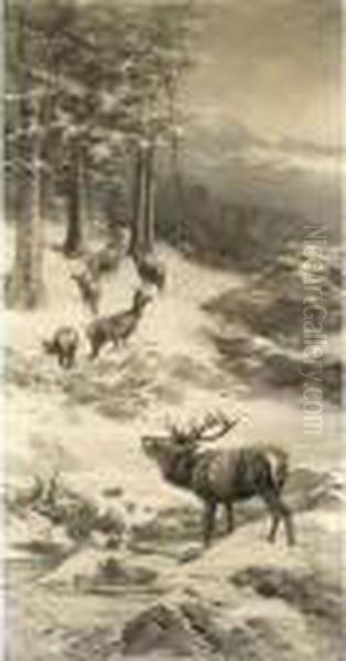 A Stag Calling Out To His Herd In A Winter Landscape Oil Painting by Franz Xavier Von Pausinger