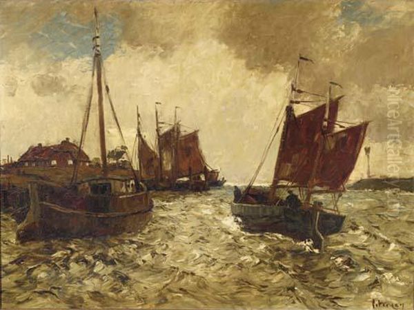 Shipping In A Harbour Entrance Oil Painting by Hans Ritter Von Petersen