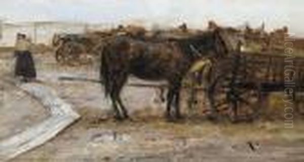 Horse Carts Oil Painting by August Xaver Karl von Pettenkofen