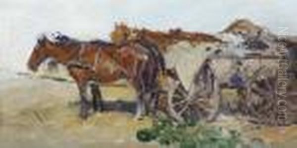 Horse And Cart At Market Oil Painting by August Xaver Karl von Pettenkofen