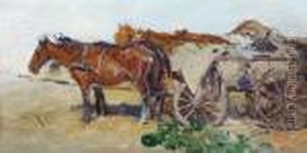 Carro A Cavalli Al Mercato Oil Painting by August Xaver Karl von Pettenkofen