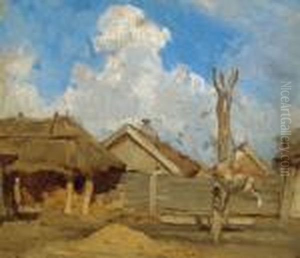 Hungarian Farm Yard Oil Painting by August Xaver Karl von Pettenkofen