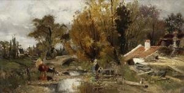 Bauernhauser Am Bachufer Im
 Fruhherbst: Oil Painting by Richard Von Poschinger