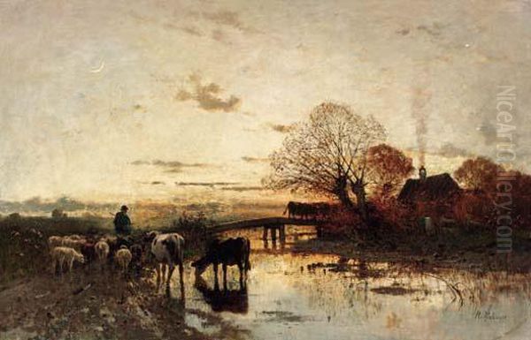 A Shepherd With His Herd At Dusk Oil Painting by Richard Von Poschinger