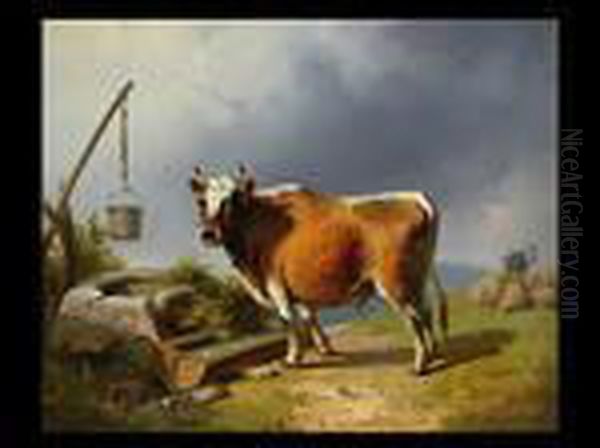 Kuh An Der Tranke Oil Painting by August Von Pelzeln