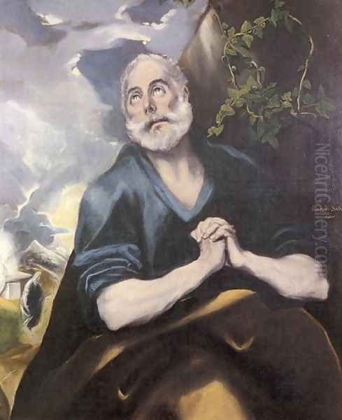 St Peter in Penitence 1580s Oil Painting by El Greco (Domenikos Theotokopoulos)