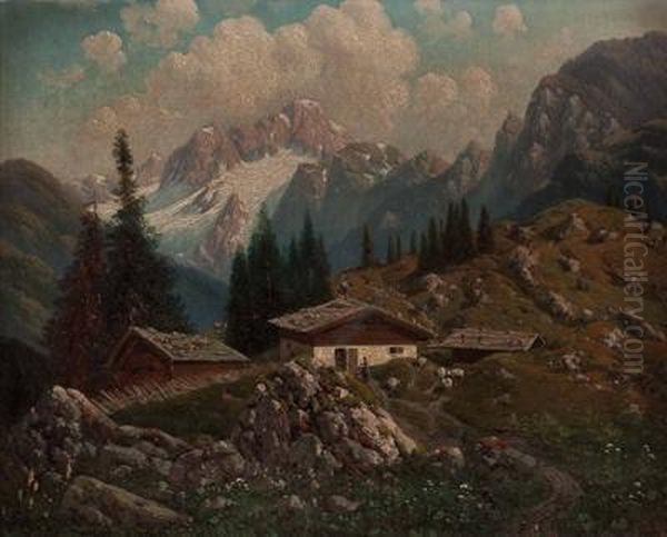 Dachstein Von Der Zwieselalpe Aus Gesehen Oil Painting by Josef Von Schlogl