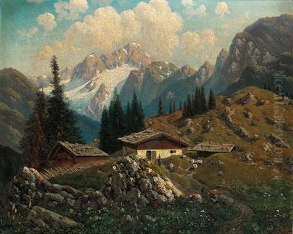 Il Dachstein Visto Dalla Zwieselalpe Oil Painting by Josef Von Schlogl