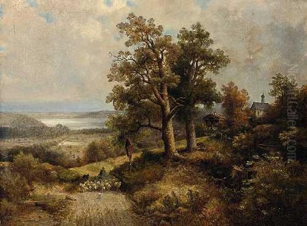 Hirte Mit Seiner Schafherde Beim Marterl Am Weg Oil Painting by Ludwig, Louis Von Sckell