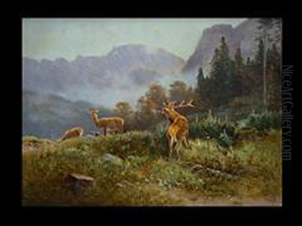 Hirschfamilie Im Hochgebirge Oil Painting by Ludwig, Louis Von Sckell