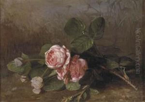 Morning Dew On Pink Roses Oil Painting by Clara Von Sivers