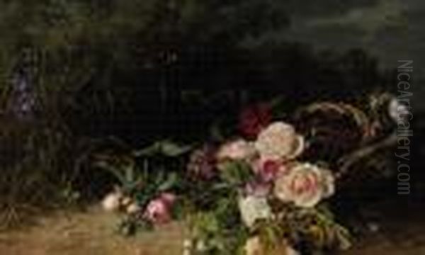 A Forest Landscape With Roses In A Wicker Basket Oil Painting by Clara Von Sivers