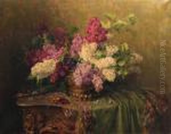 A Still Life With Lilacs And Violets On A Draped Guilt Rococotable Oil Painting by Clara Von Sivers