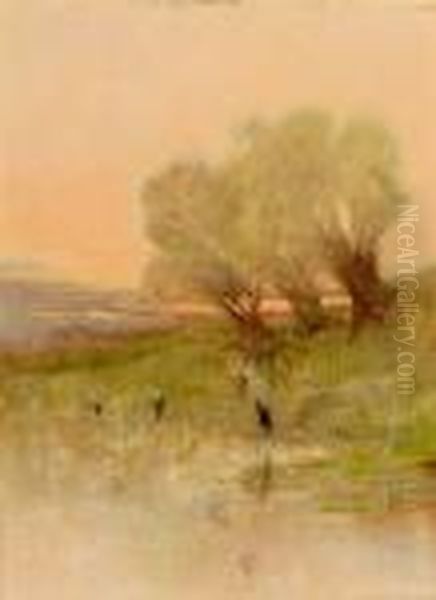 Storche Im Abendrot Oil Painting by Bela Von Spanyi