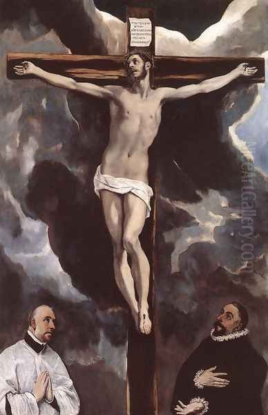 Christ on the Cross Adored by Donors Oil Painting by El Greco (Domenikos Theotokopoulos)