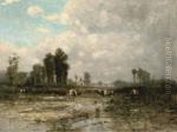 Cattle In A Watermeadow Oil Painting by Bela Von Spanyi