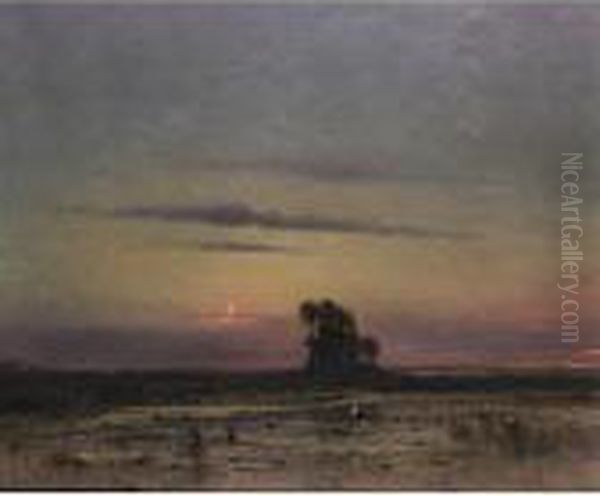 Moonlit Landscape With Stork Oil Painting by Bela Von Spanyi