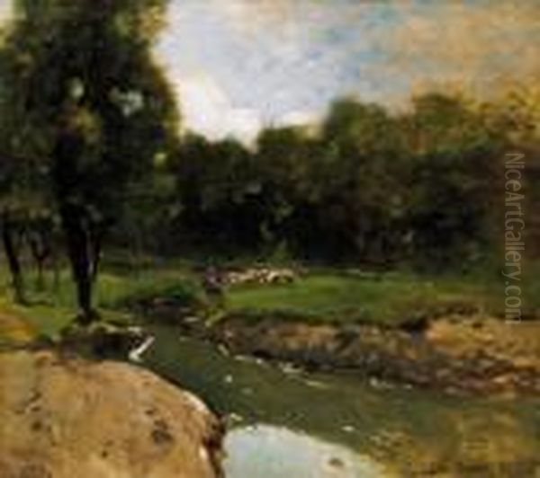 Sheep By The Brook Oil Painting by Bela Von Spanyi