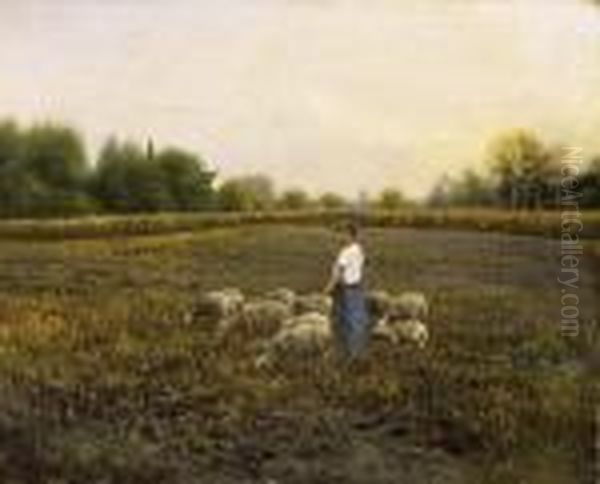 Girl With Lambs Oil Painting by Bela Von Spanyi