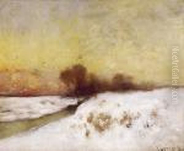 Winter Landscape In Twilight Oil Painting by Bela Von Spanyi