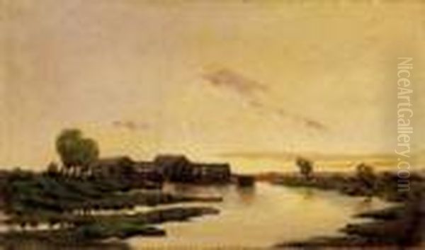 Watermill At Sunset Oil Painting by Bela Von Spanyi